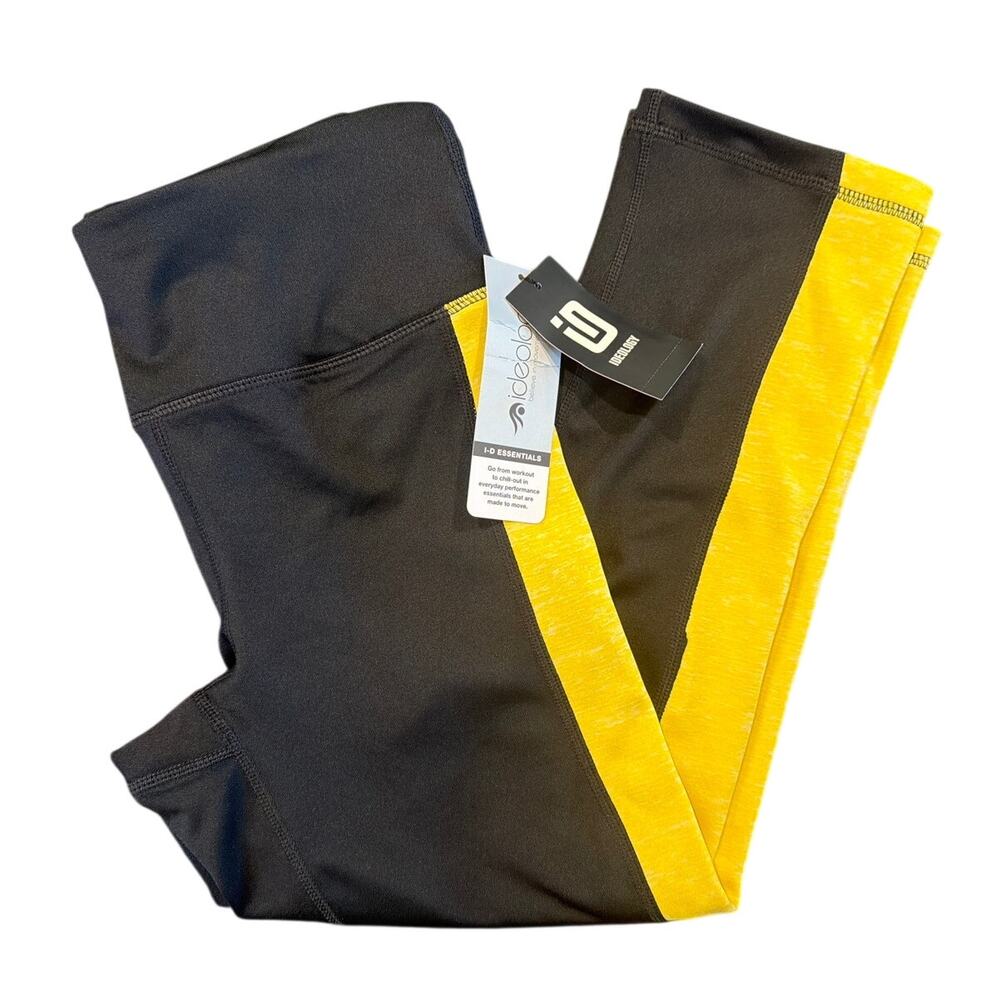 NWT Ideology Color Block Capri Leggings, Black Yellow, Women's Size XS